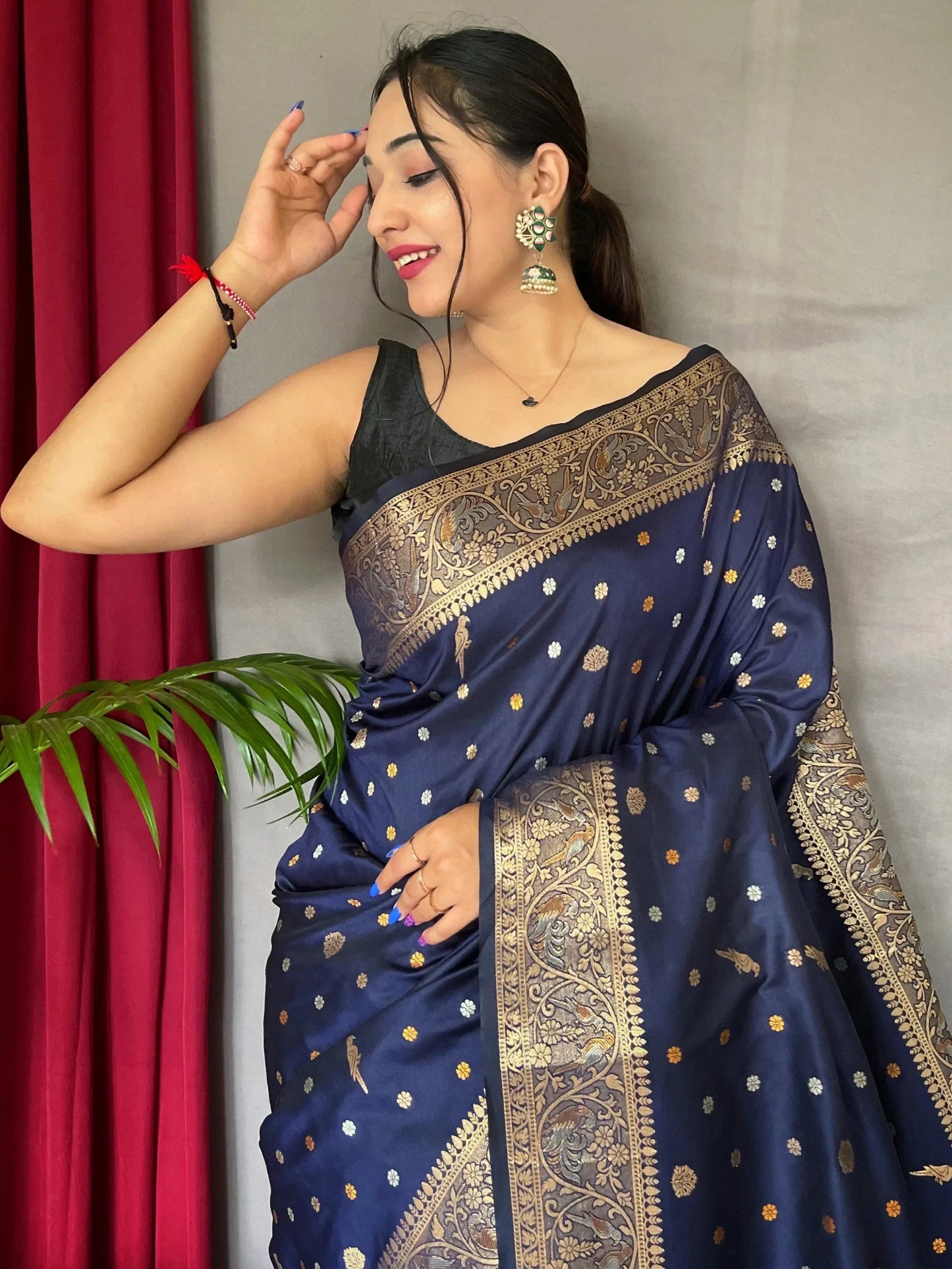 Alluring Navy Blue Zari Woven Silk Festival Wear Saree With Blouse