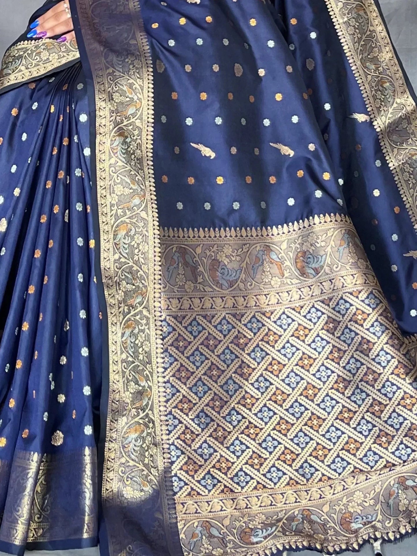 Alluring Navy Blue Zari Woven Silk Festival Wear Saree With Blouse