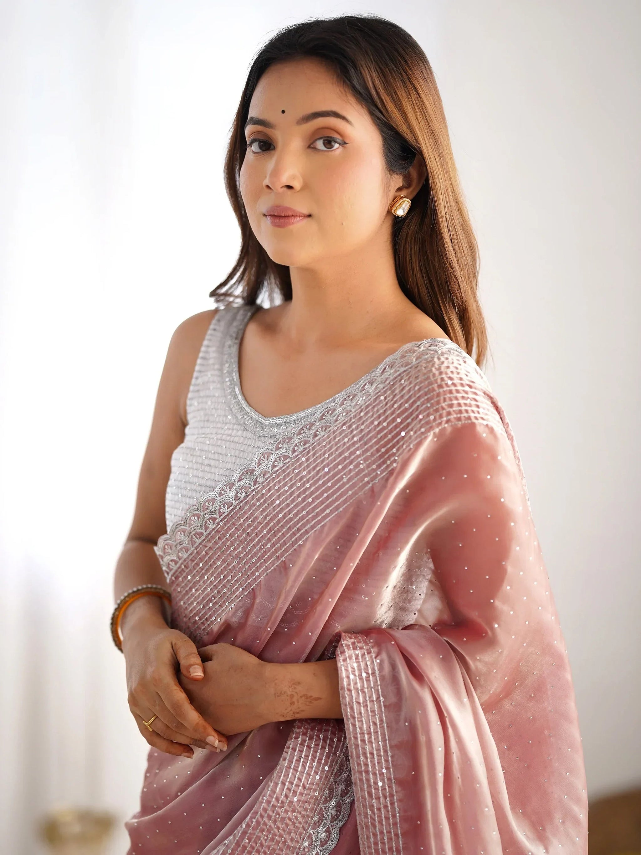 Alluring Peach Swarovski Work Organza Event Wear Saree With Blouse