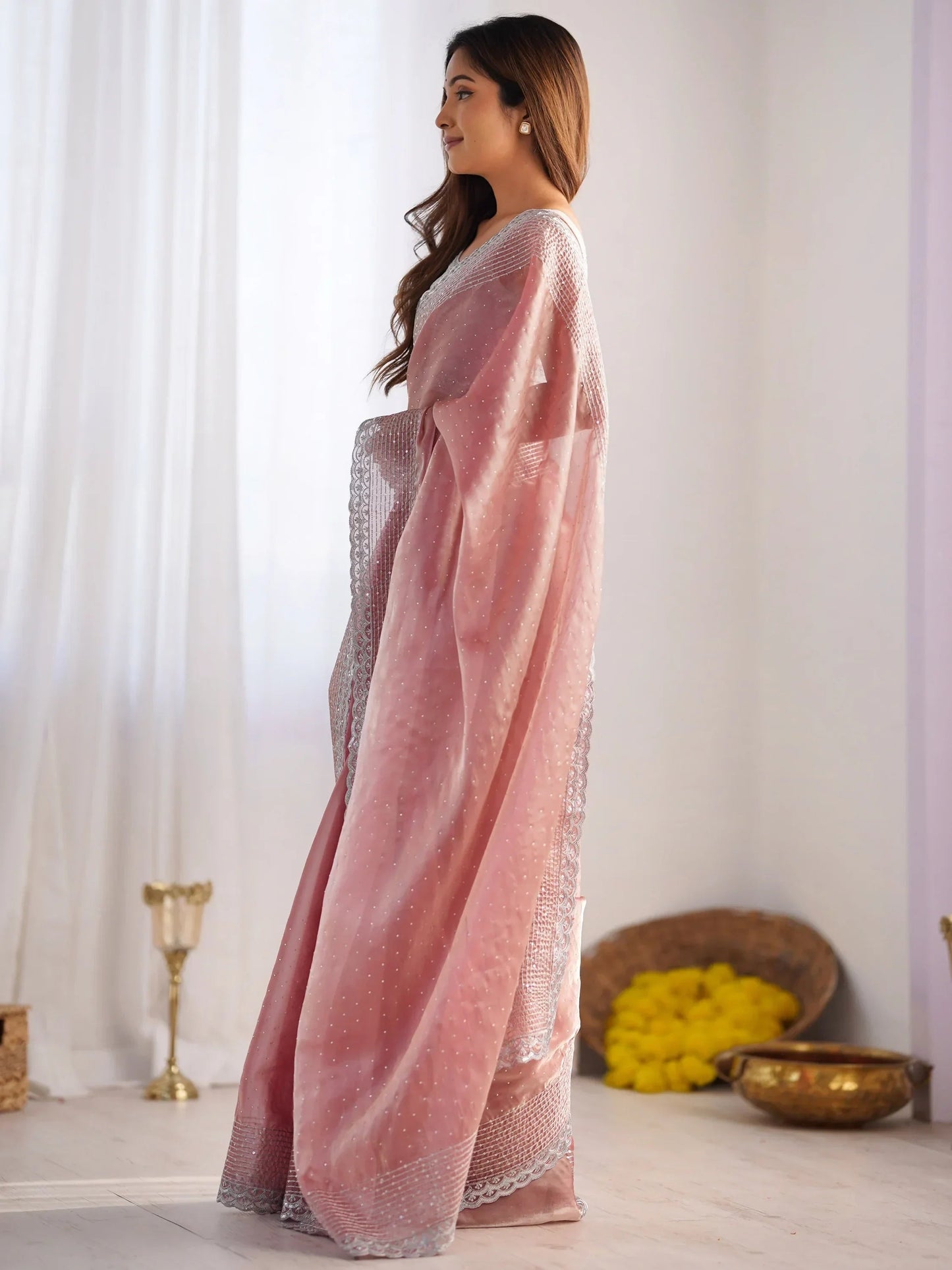Alluring Peach Swarovski Work Organza Event Wear Saree With Blouse