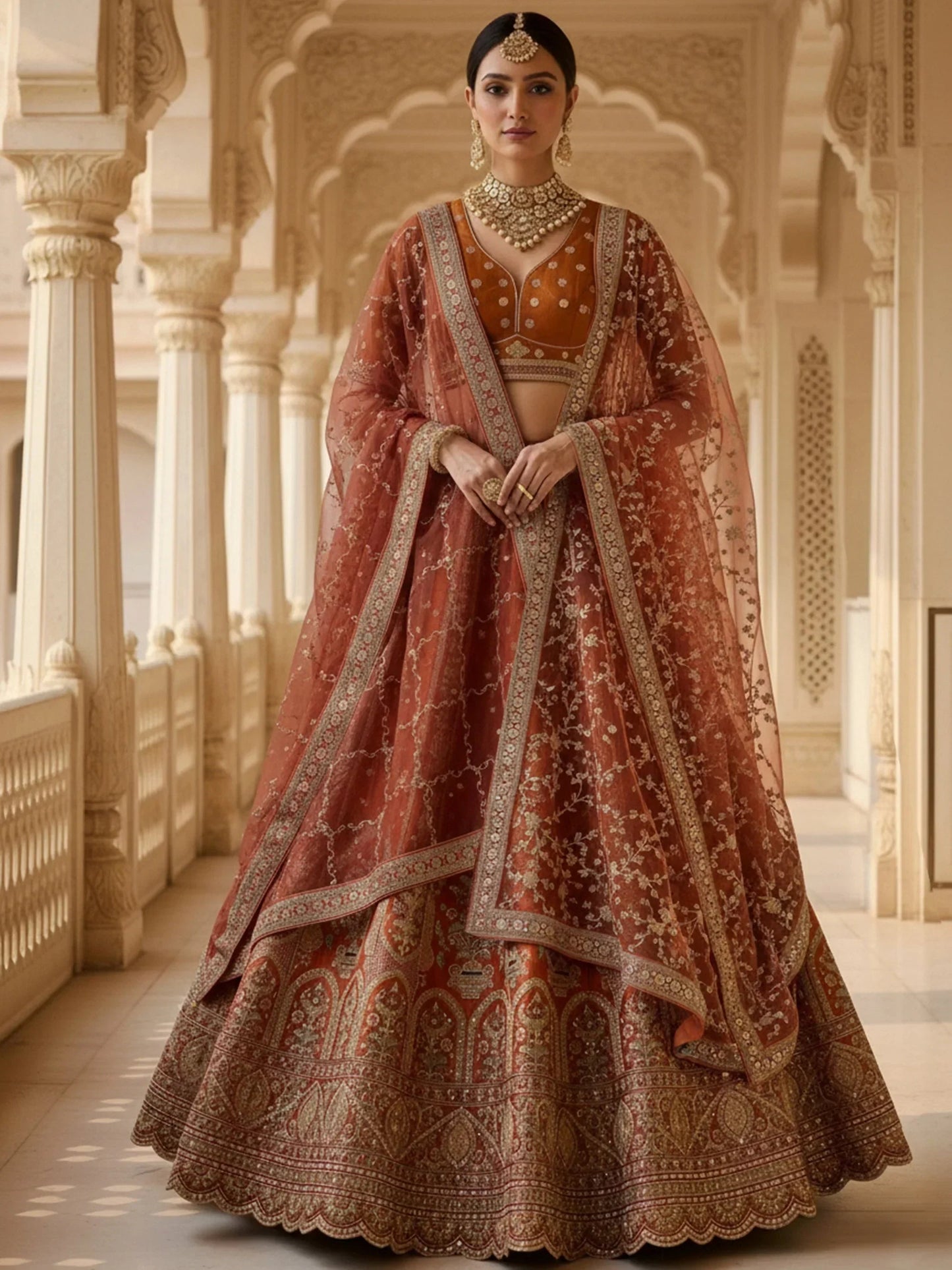 Alluring Rust Orange Sequins Work Silk Lehenga Choli With Double Dupatta