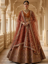 Alluring Rust Orange Sequins Work Silk Lehenga Choli With Double Dupatta