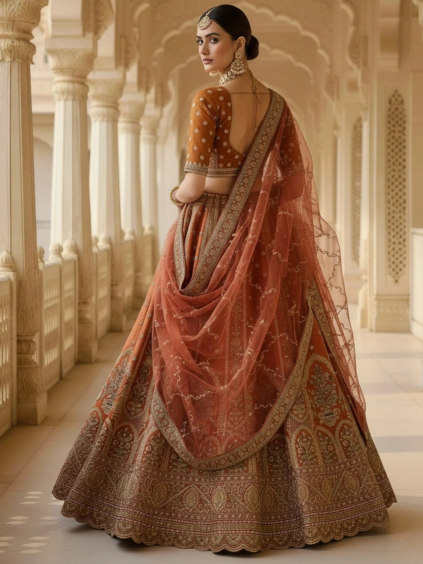 Alluring Rust Orange Sequins Work Silk Lehenga Choli With Double Dupatta