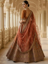 Alluring Rust Orange Sequins Work Silk Lehenga Choli With Double Dupatta