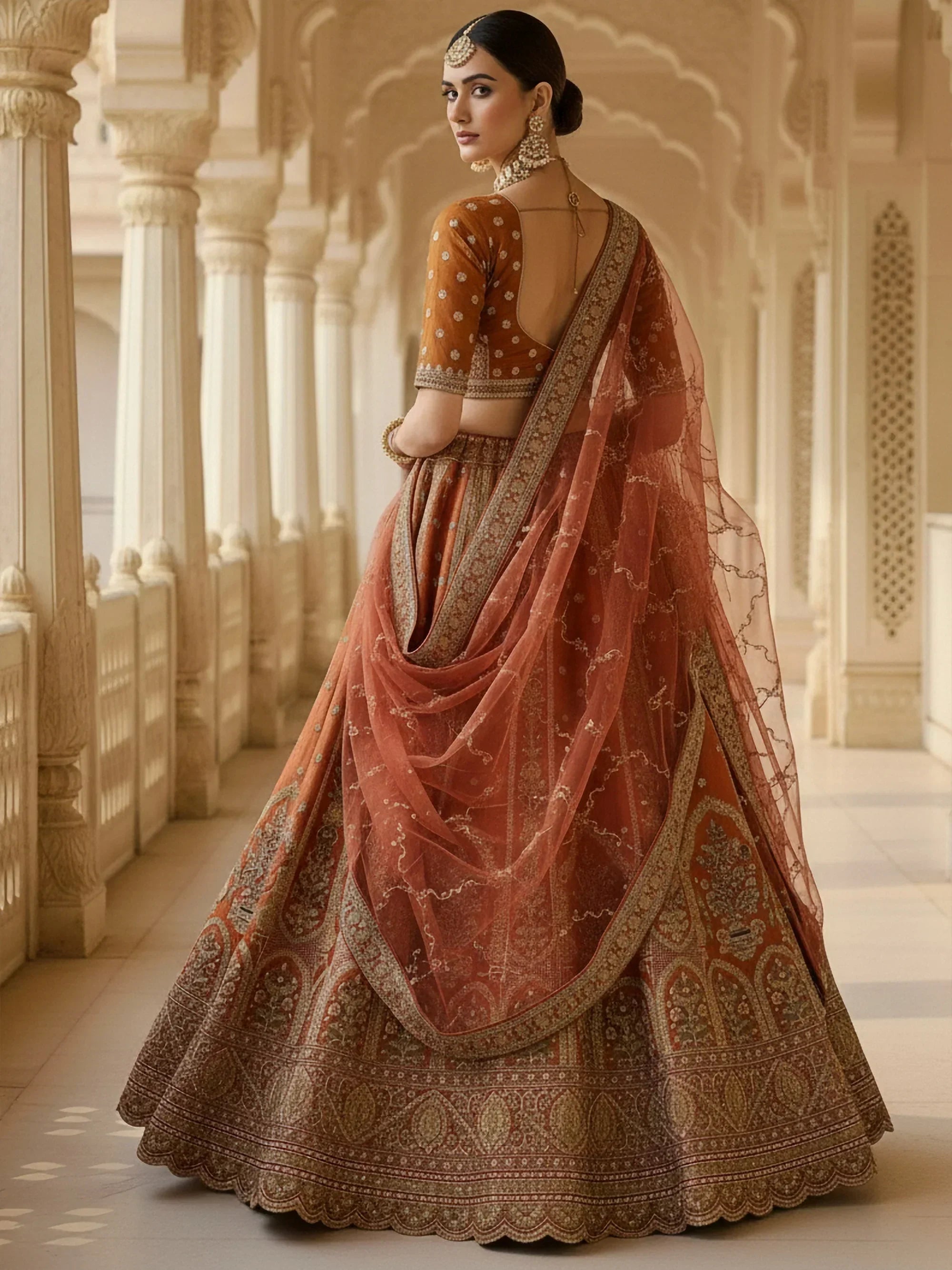 Alluring Rust Orange Sequins Work Silk Lehenga Choli With Double Dupatta