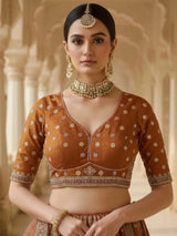 Alluring Rust Orange Sequins Work Silk Lehenga Choli With Double Dupatta