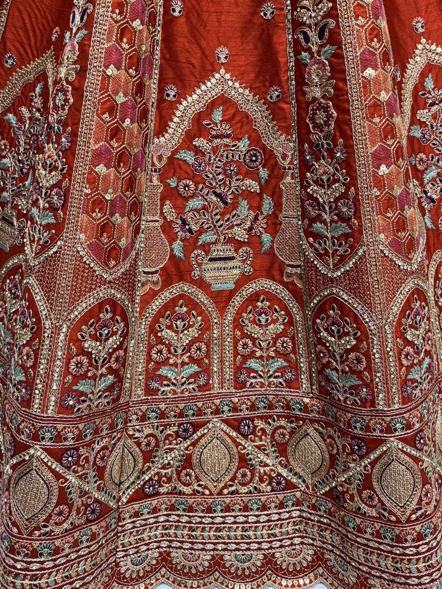 Alluring Rust Orange Sequins Work Silk Lehenga Choli With Double Dupatta