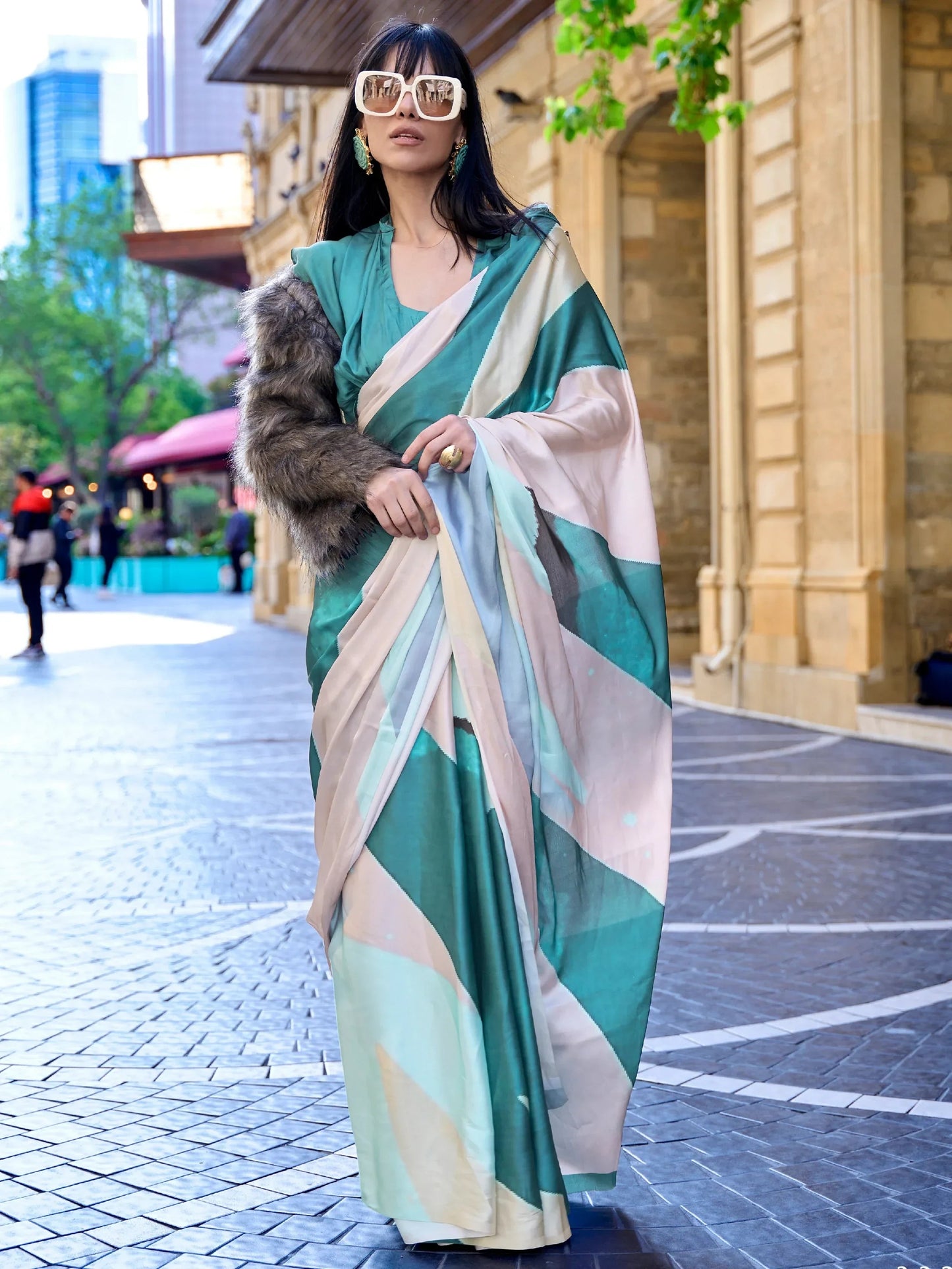 Alluring Teal Blue & White Digital Print Satin Party Wear Saree With Blouse