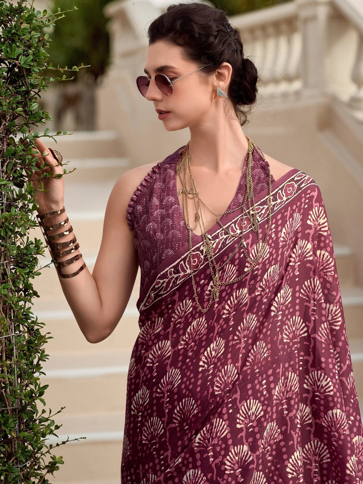 Alluring Wine Digital Printed Silk Casual Wear Saree With Blouse