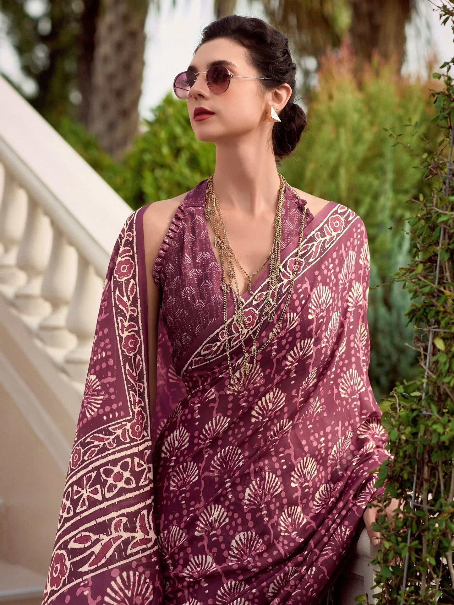 Alluring Wine Digital Printed Silk Casual Wear Saree With Blouse