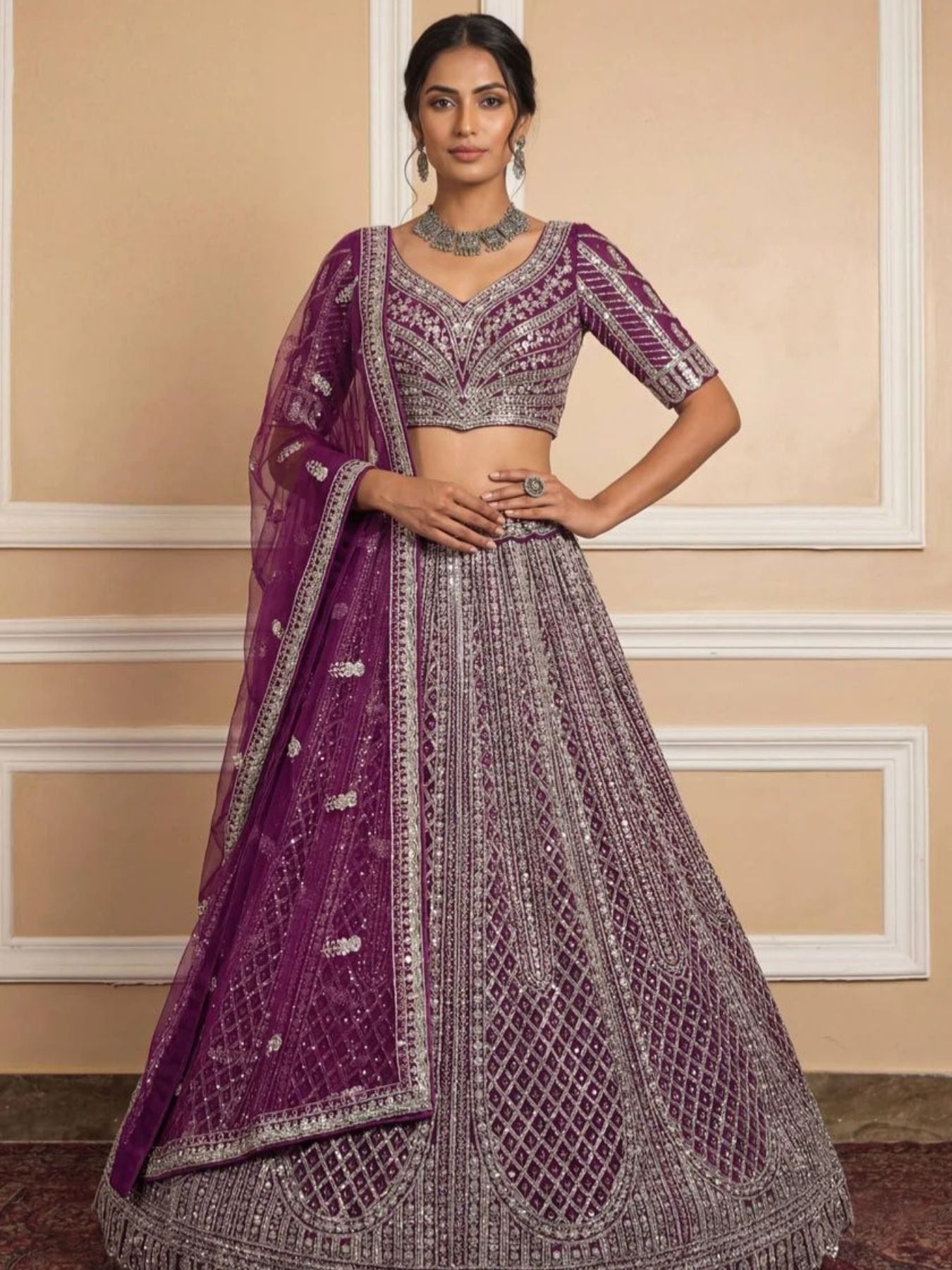 Navy Net Lehenga with Embroidery for Wedding Wear