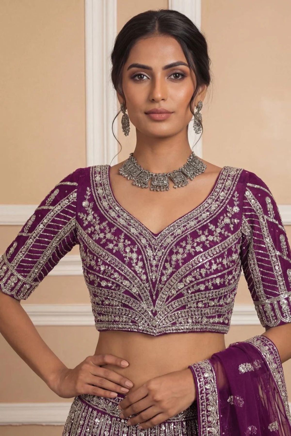 Navy Net Lehenga with Embroidery for Wedding Wear