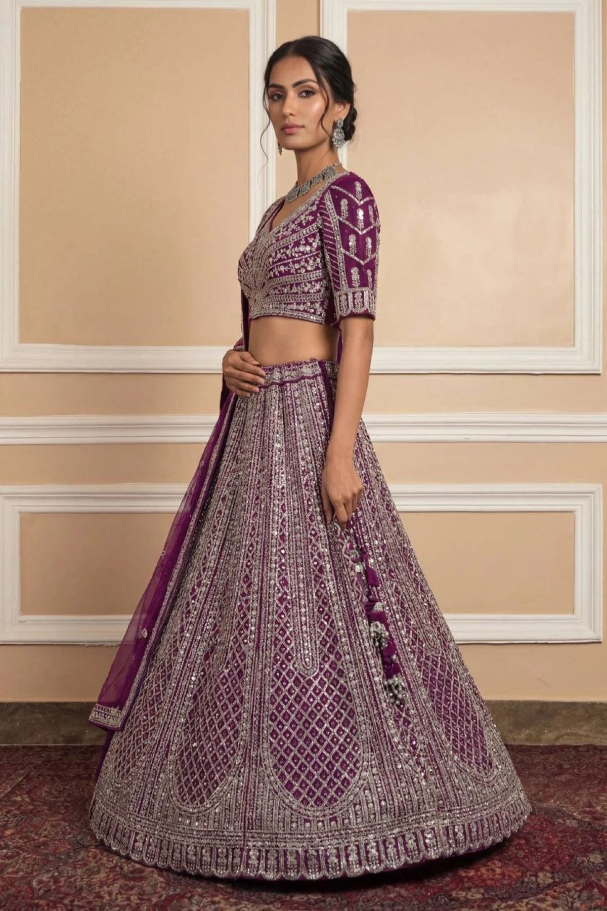 Navy Net Lehenga with Embroidery for Wedding Wear