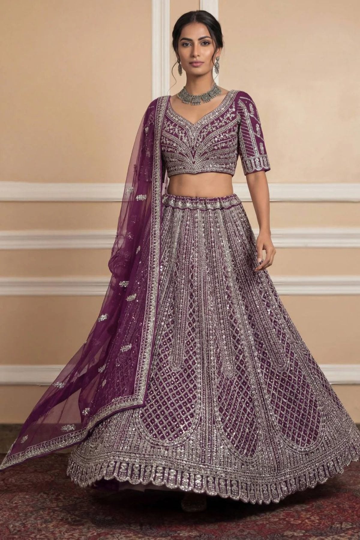 Navy Net Lehenga with Embroidery for Wedding Wear