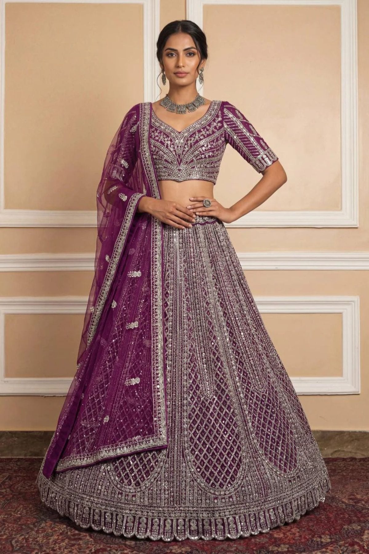 Navy Net Lehenga with Embroidery for Wedding Wear