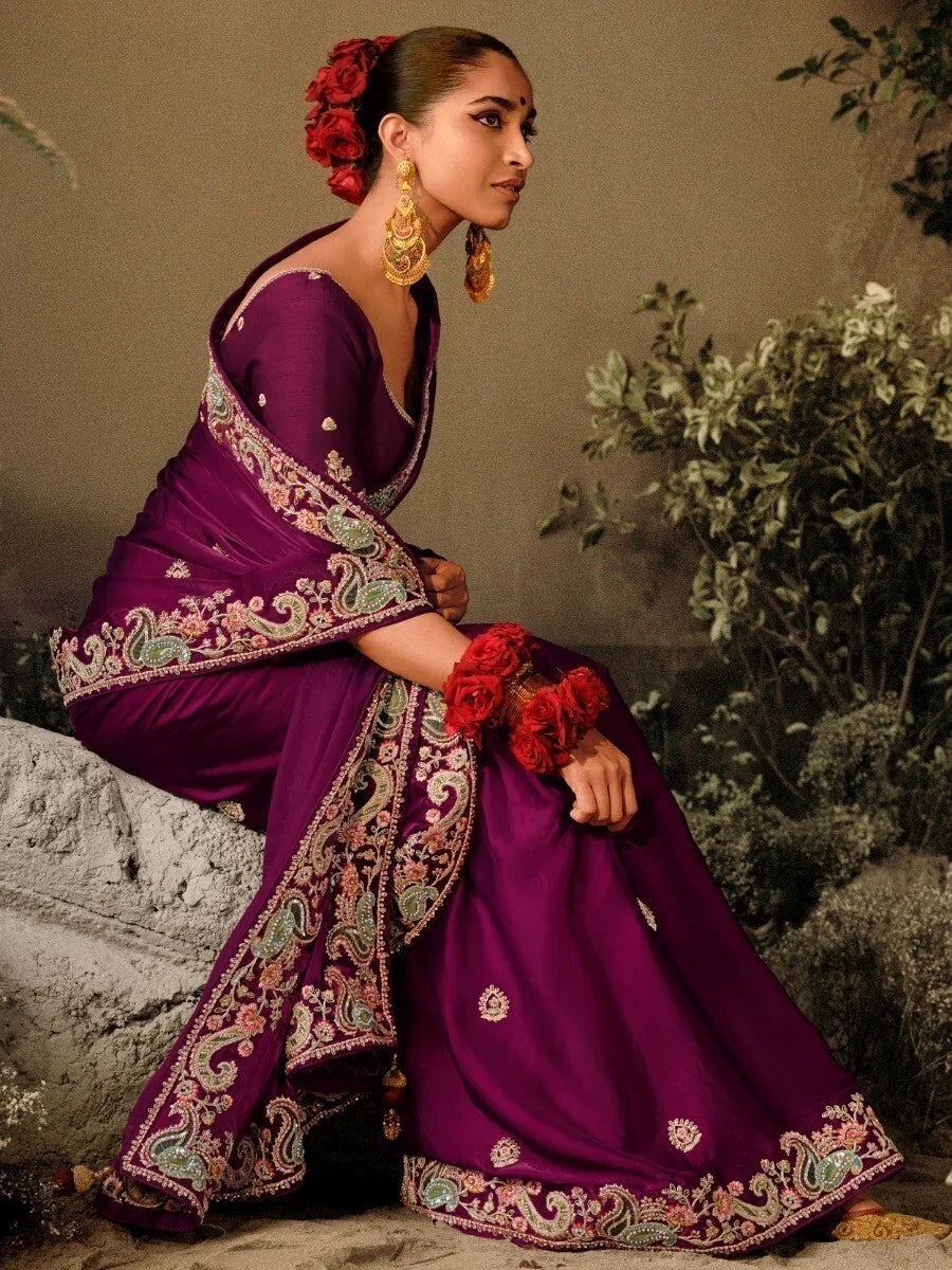 Alluring Wine Sequins Silk Traditional Saree With Blouse