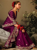 Alluring Wine Sequins Silk Traditional Saree With Blouse