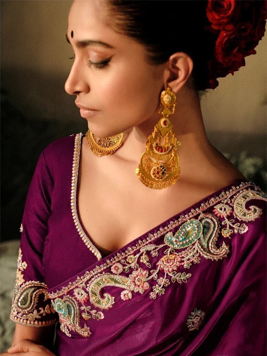 Alluring Wine Sequins Silk Traditional Saree With Blouse