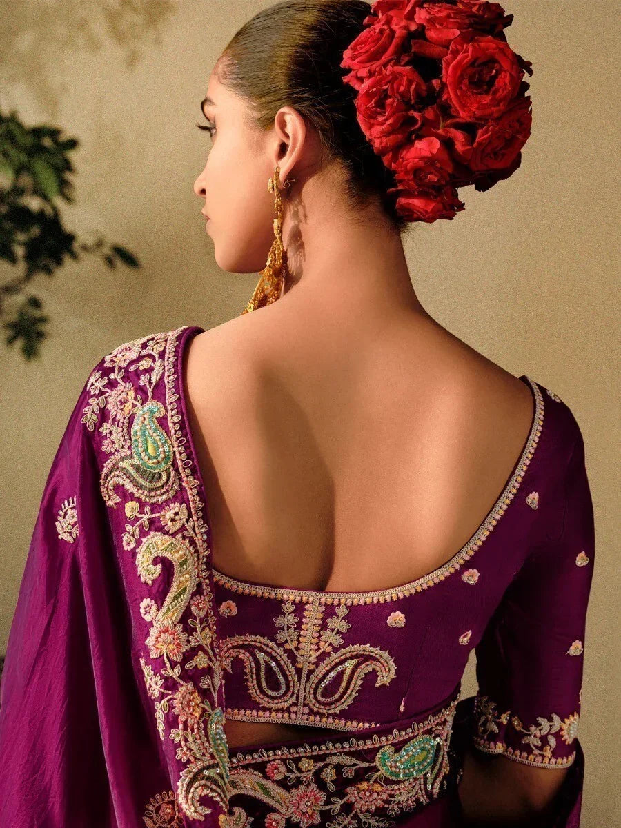 Alluring Wine Sequins Silk Traditional Saree With Blouse