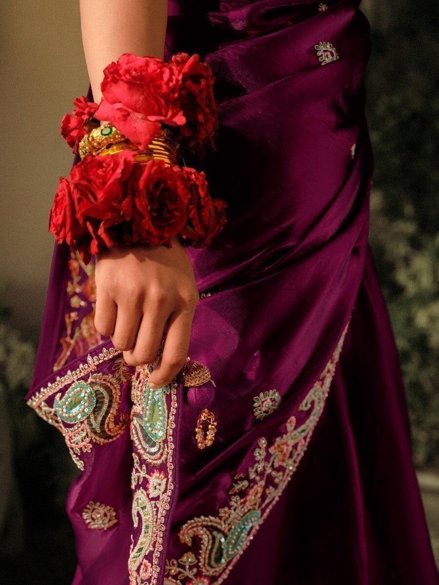 Alluring Wine Sequins Silk Traditional Saree With Blouse