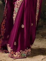 Alluring Wine Sequins Silk Traditional Saree With Blouse