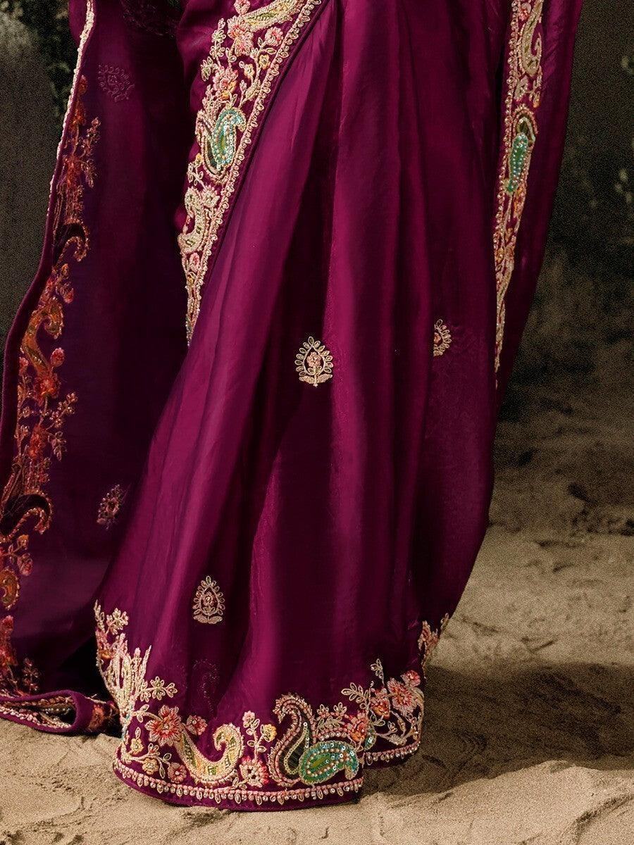 Alluring Wine Sequins Silk Traditional Saree With Blouse