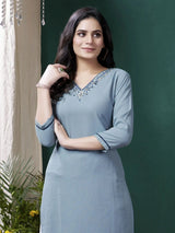 Amazing Dusty Blue Embroidered Cotton Casual Wear Kurti With Pant