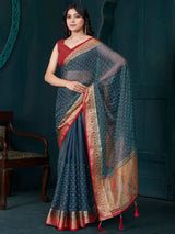 Amazing Grey Bead Work Jacquard Saree With Maroon Blouse