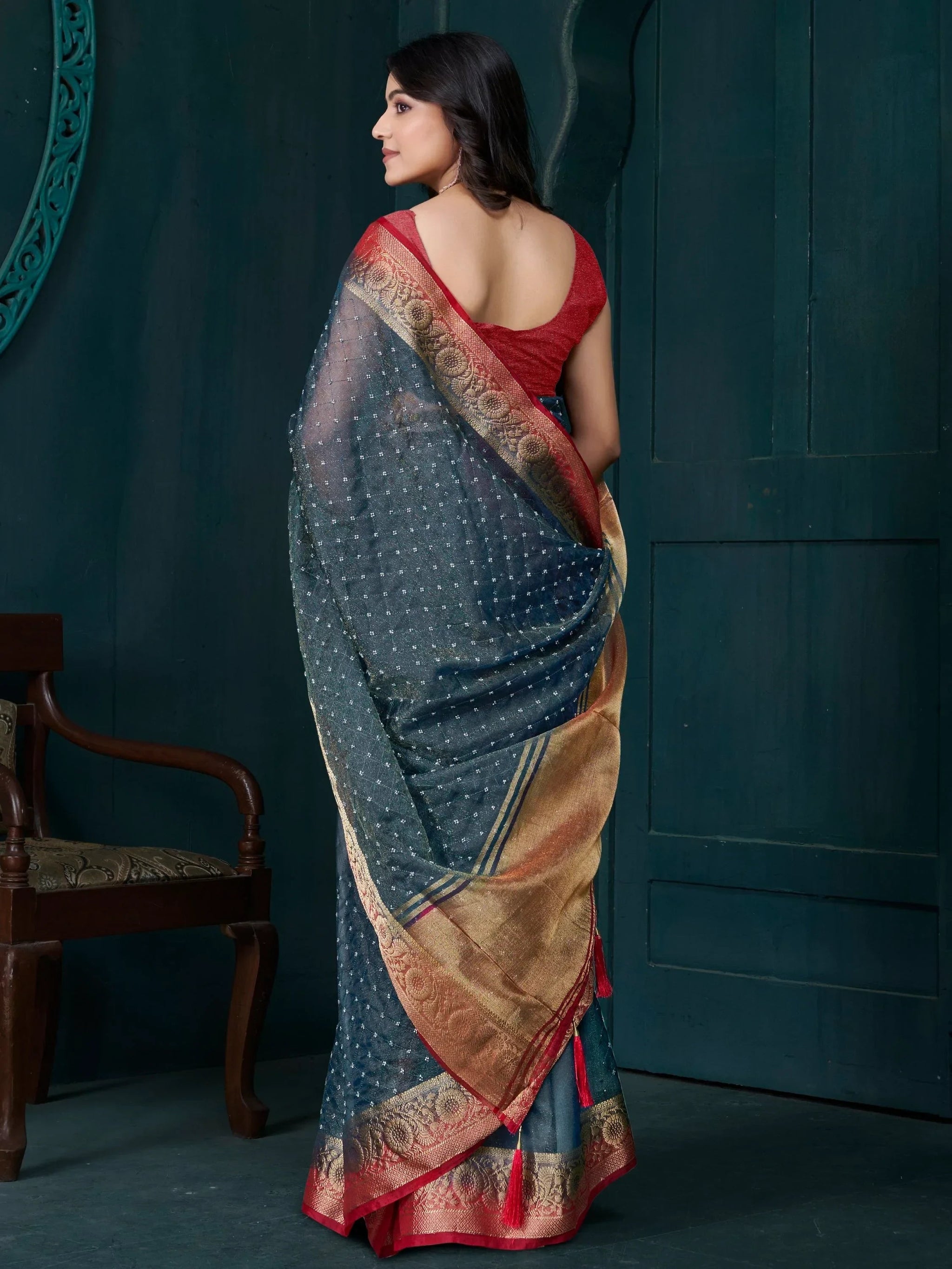 Amazing Grey Bead Work Jacquard Saree With Maroon Blouse
