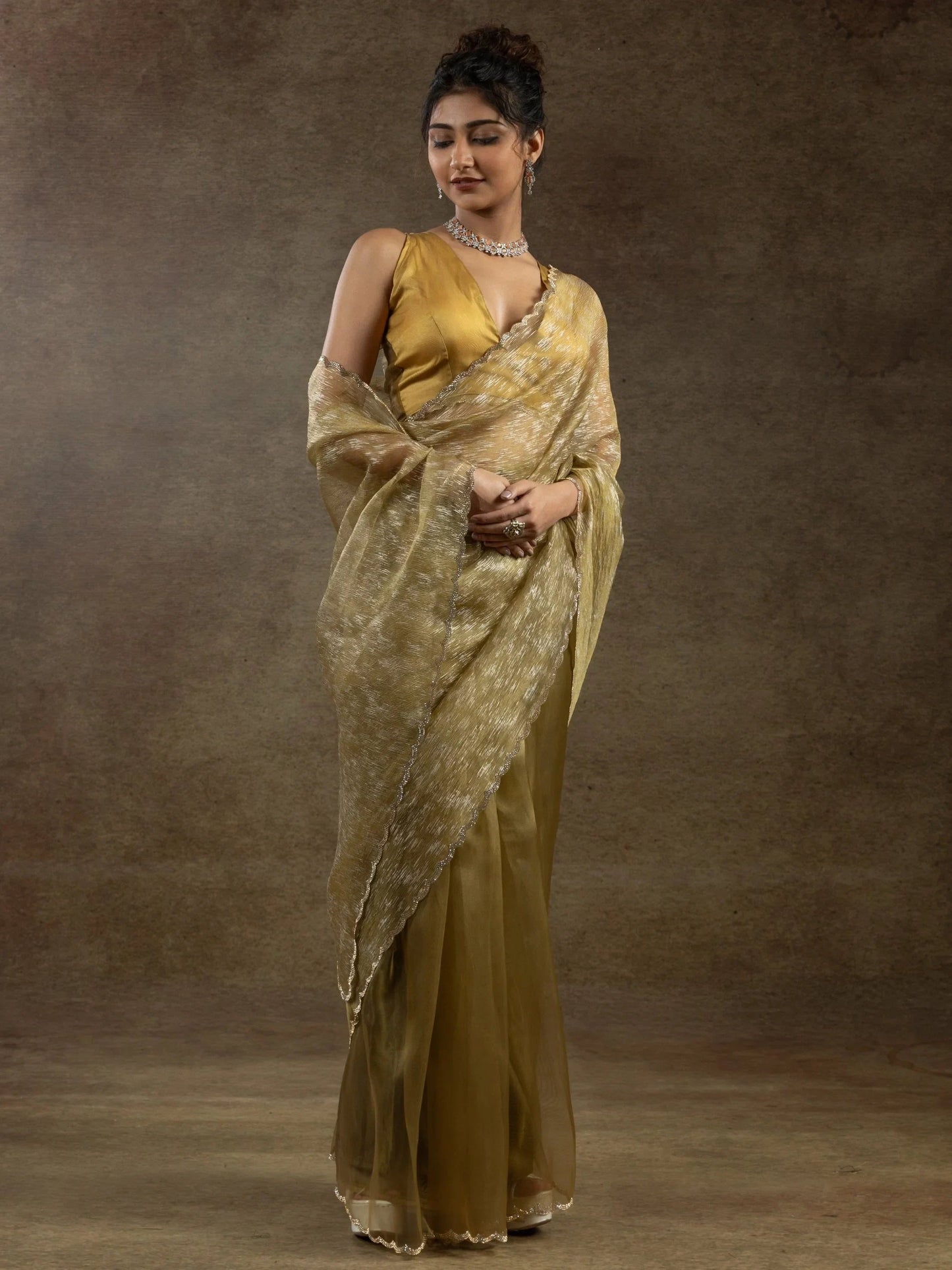Amazing Mustard Yellow Zari Weaving Organza Festive Wear Pre-Stitched Saree