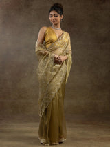 Amazing Mustard Yellow Zari Weaving Organza Festive Wear Pre-Stitched Saree