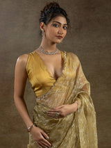 Amazing Mustard Yellow Zari Weaving Organza Festive Wear Pre-Stitched Saree