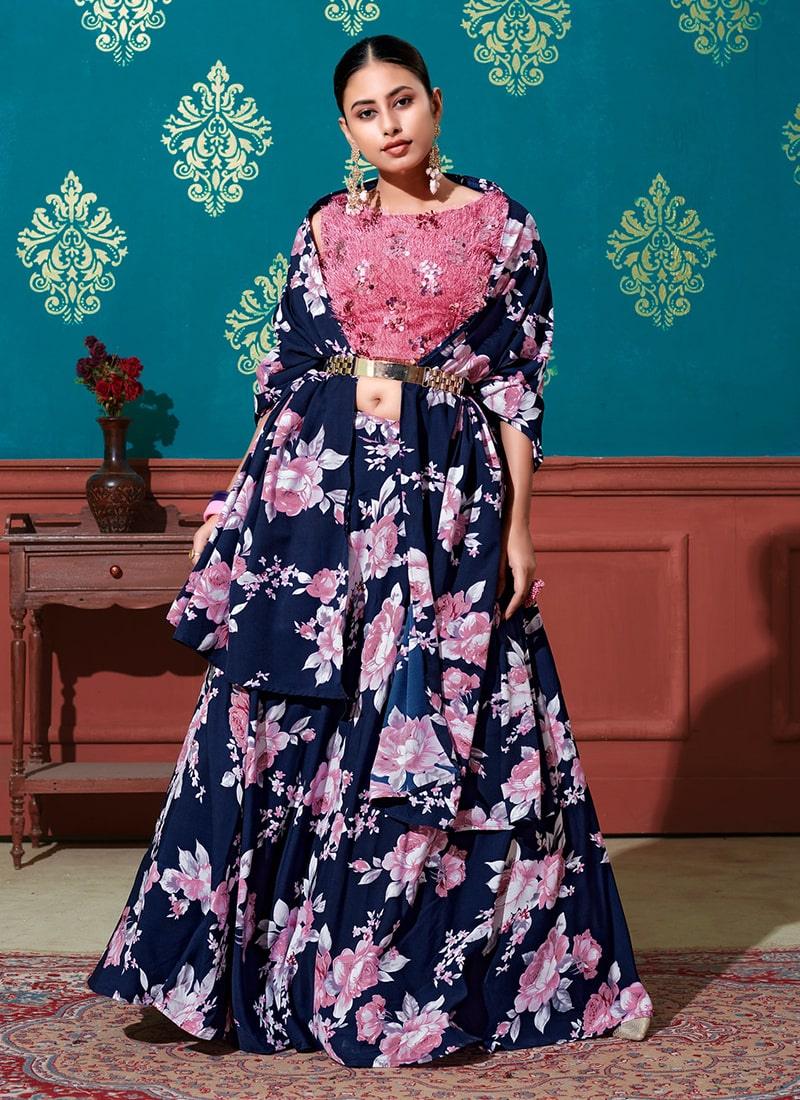 Amazing Navy Blue Color Silk Fabric Printed Lehenga Choli