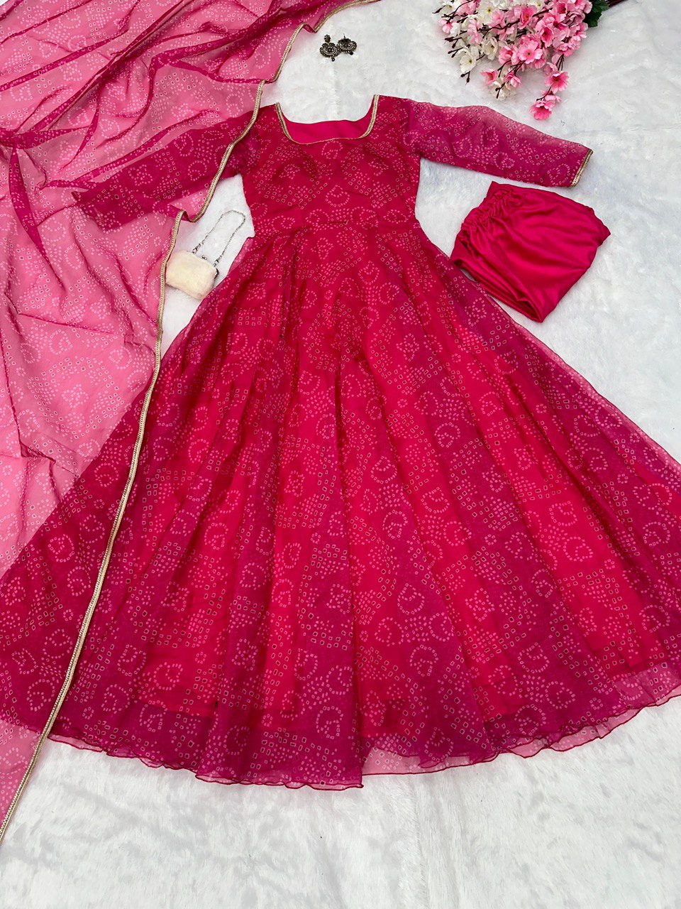 Rani Pink Digital Printed Organza Silk Anarkali Suit