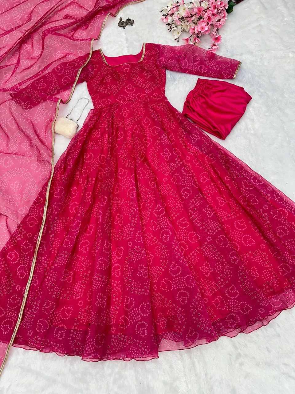 Rani Pink Digital Printed Organza Silk Anarkali Suit