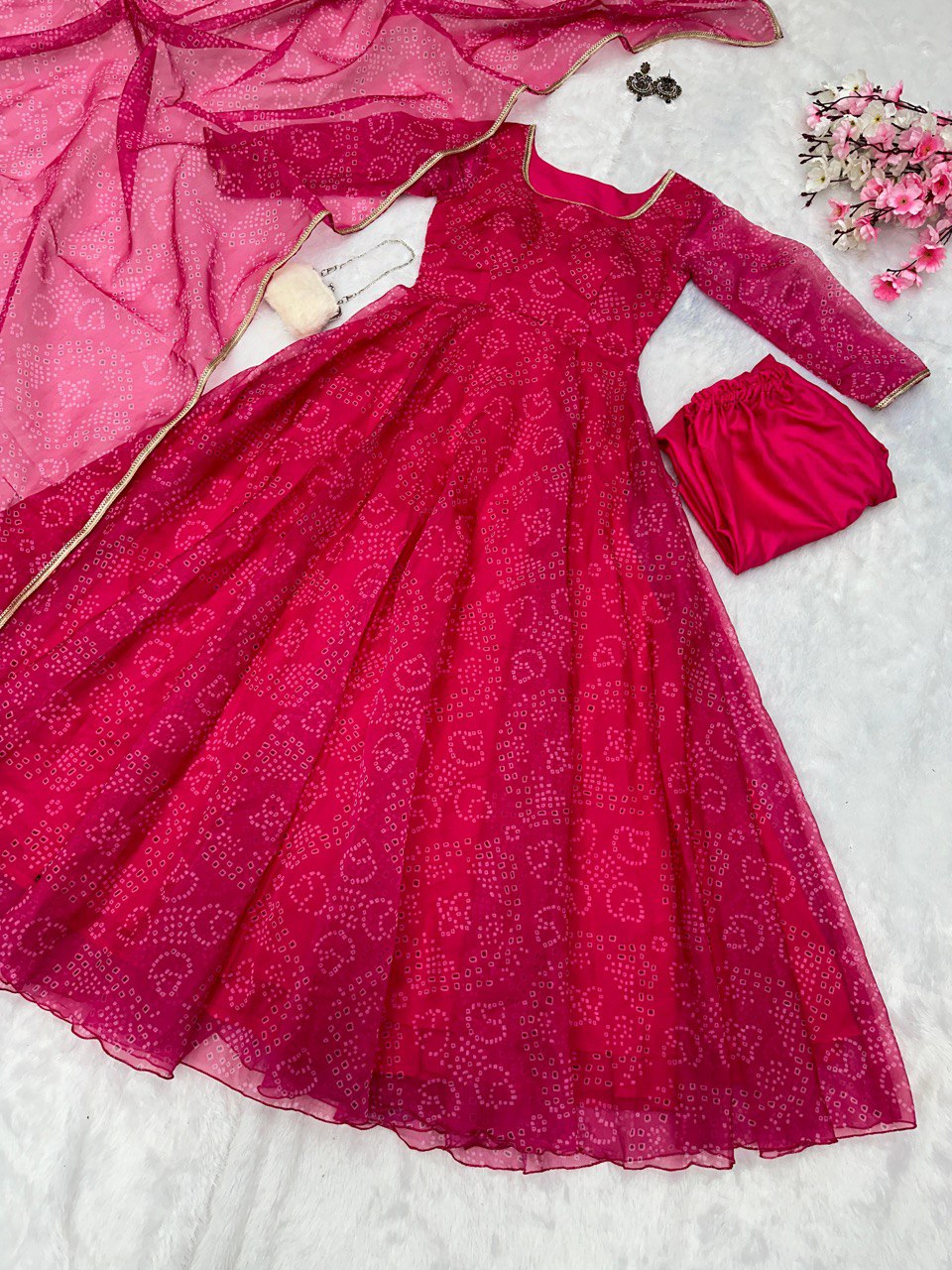 Rani Pink Digital Printed Organza Silk Anarkali Suit
