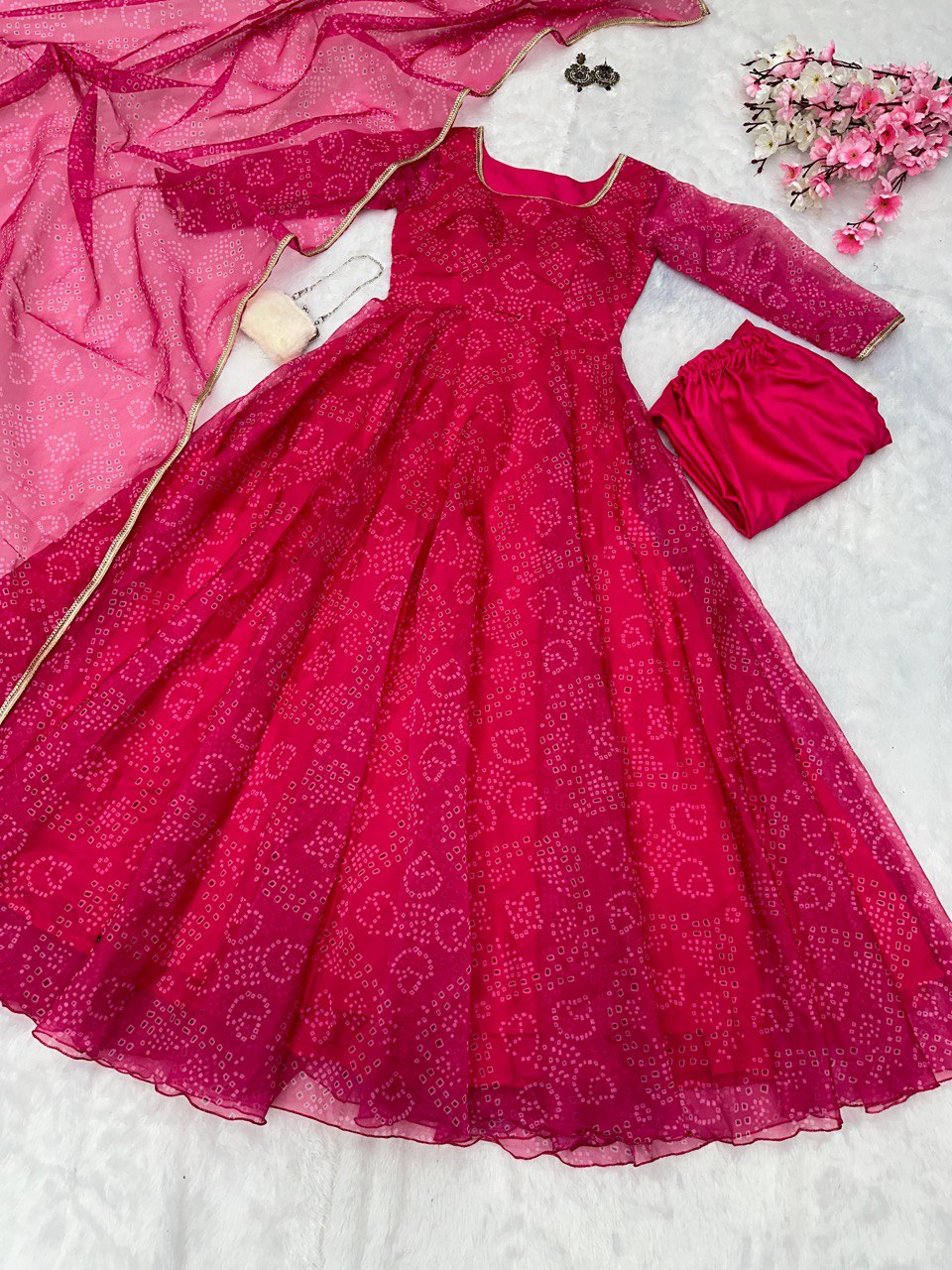 Rani Pink Digital Printed Organza Silk Anarkali Suit