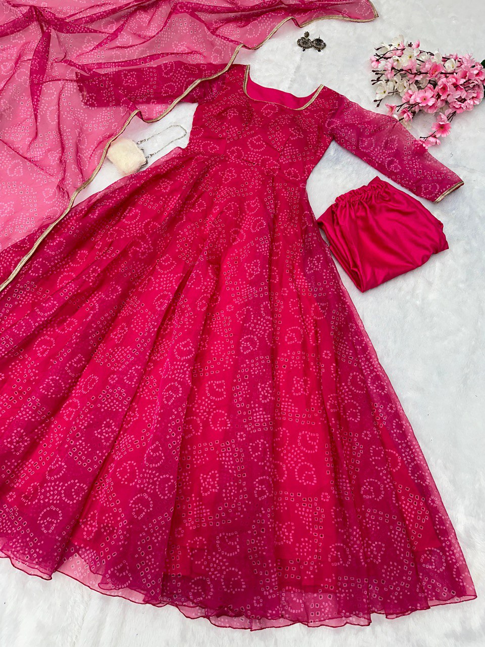 Rani Pink Digital Printed Organza Silk Anarkali Suit
