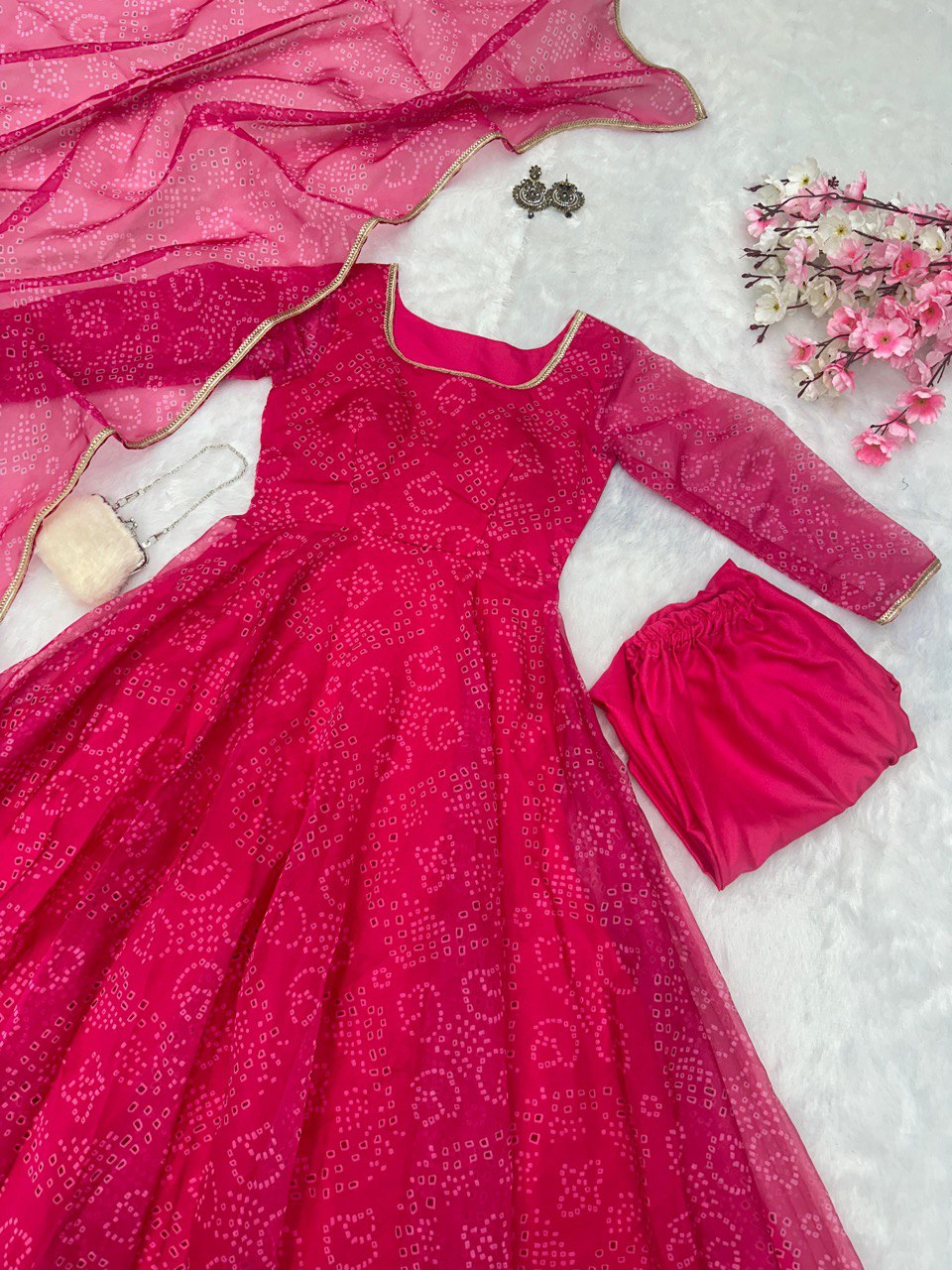 Rani Pink Digital Printed Organza Silk Anarkali Suit