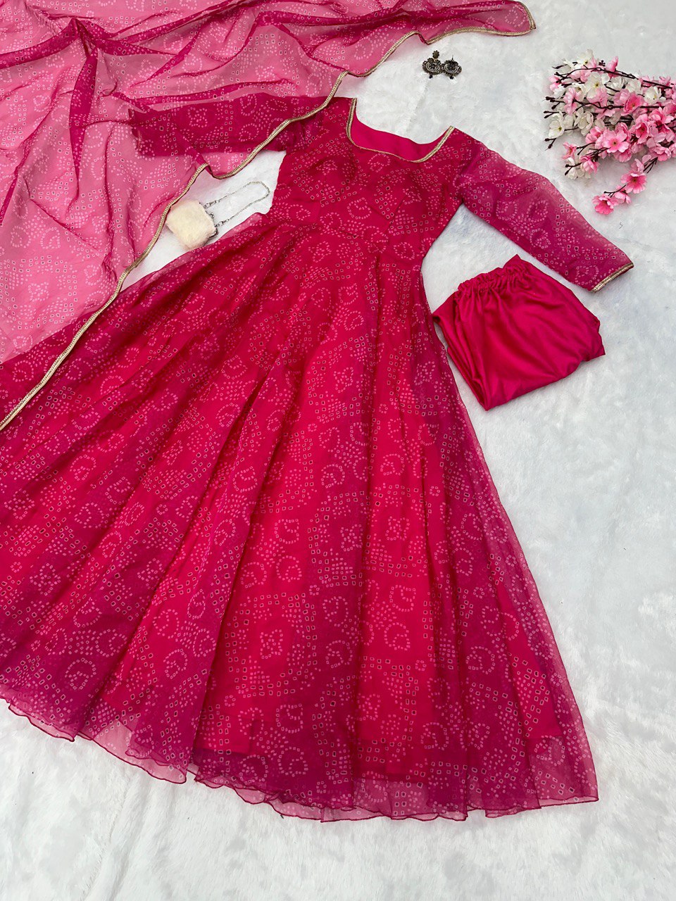 Rani Pink Digital Printed Organza Silk Anarkali Suit