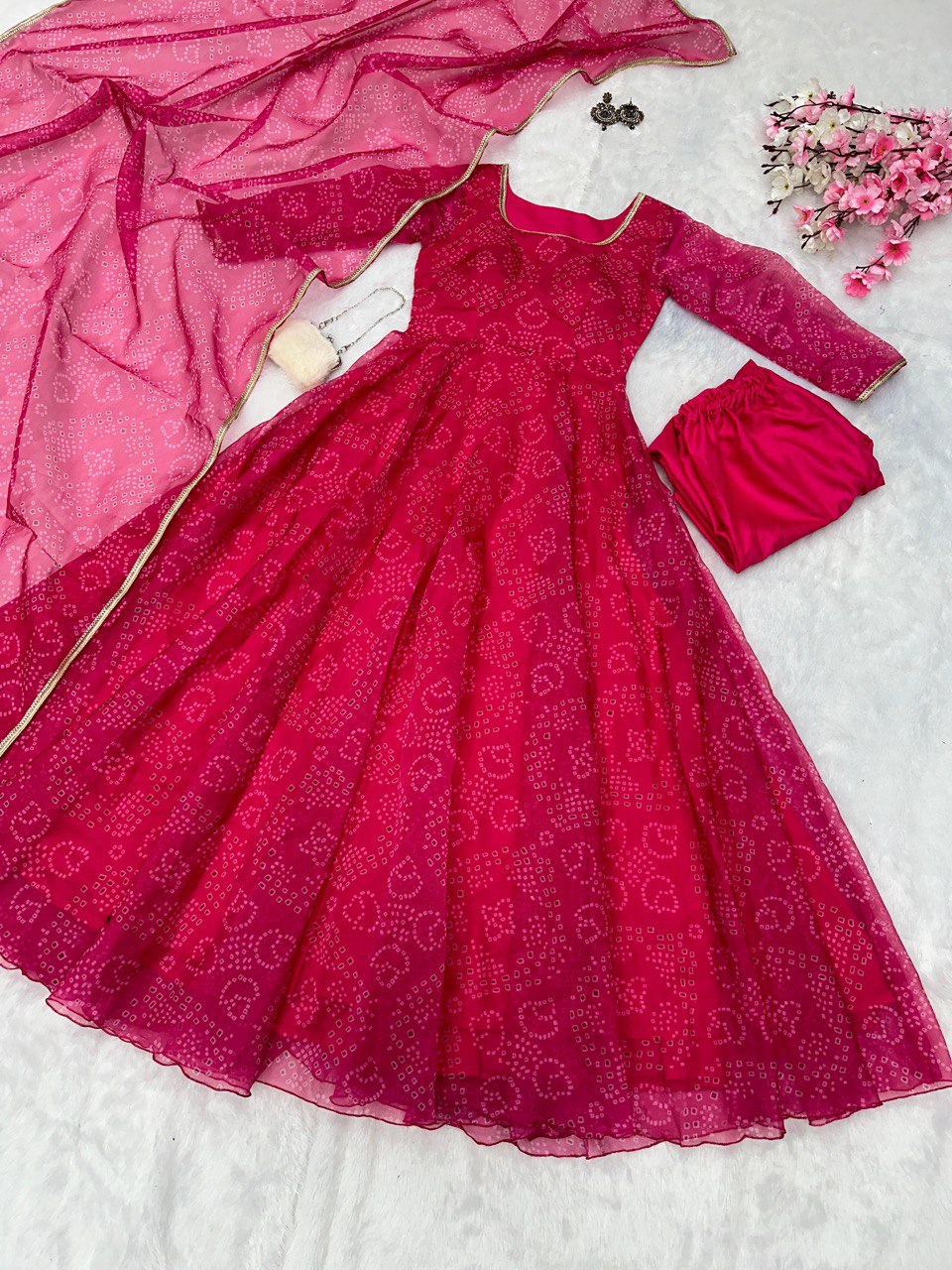 Rani Pink Digital Printed Organza Silk Anarkali Suit