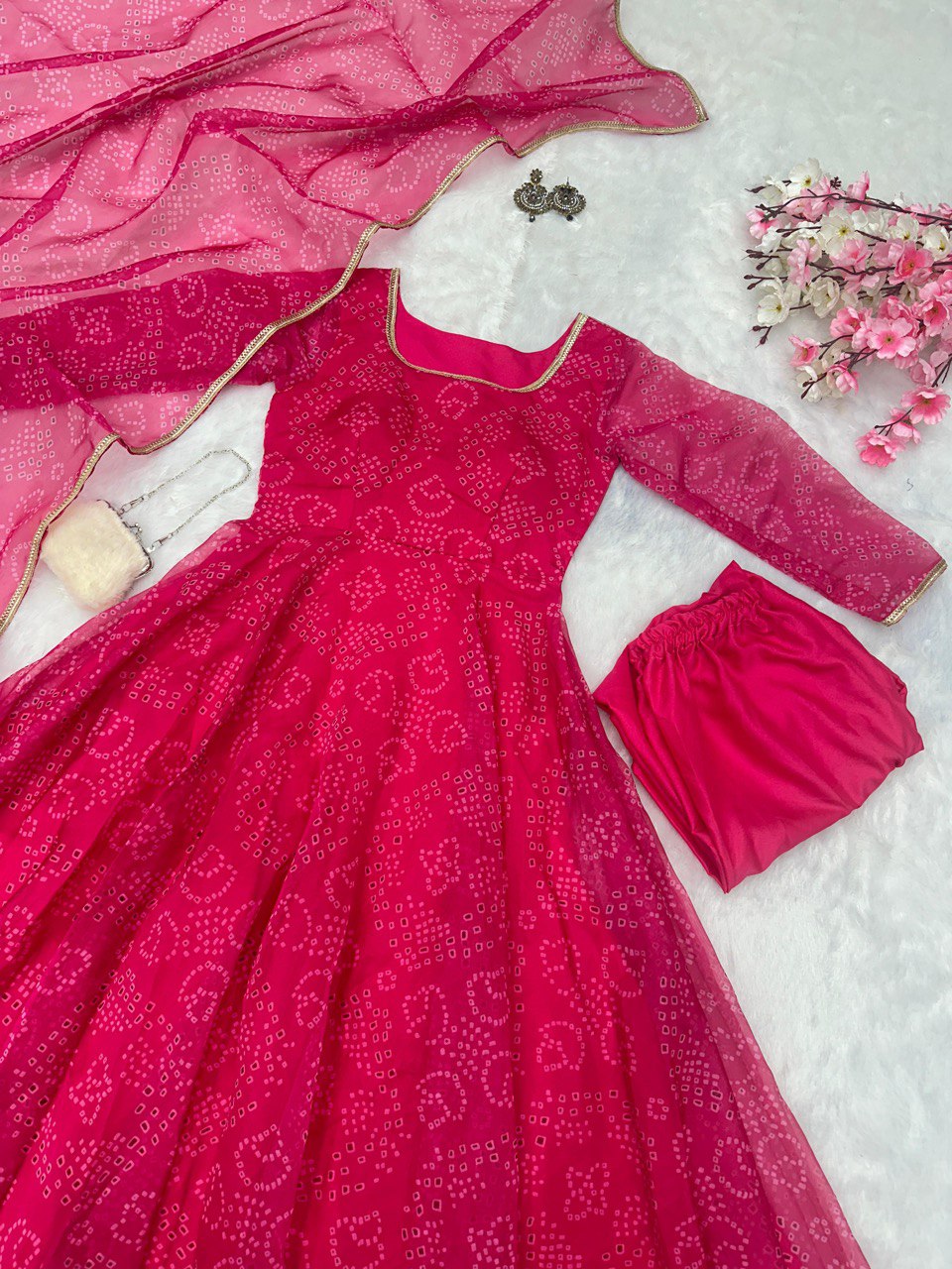 Rani Pink Digital Printed Organza Silk Anarkali Suit