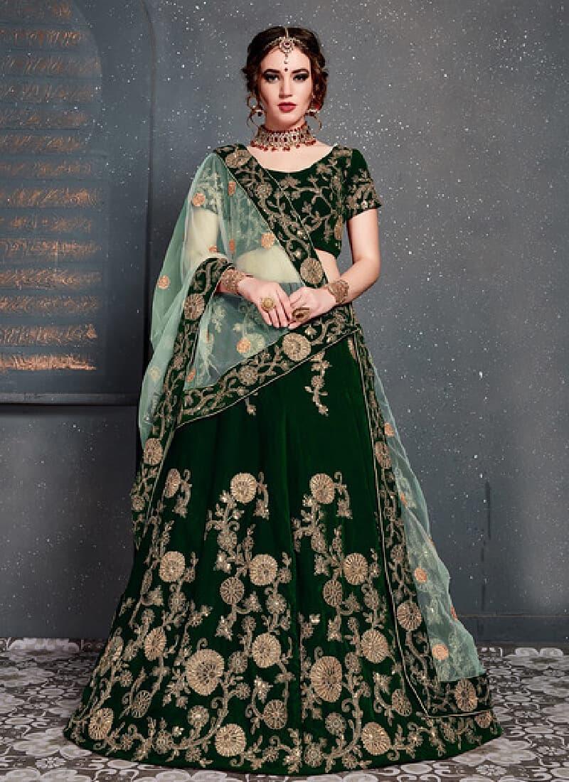 Appealing Dark green Color With Velvet Base Lehenga Choli