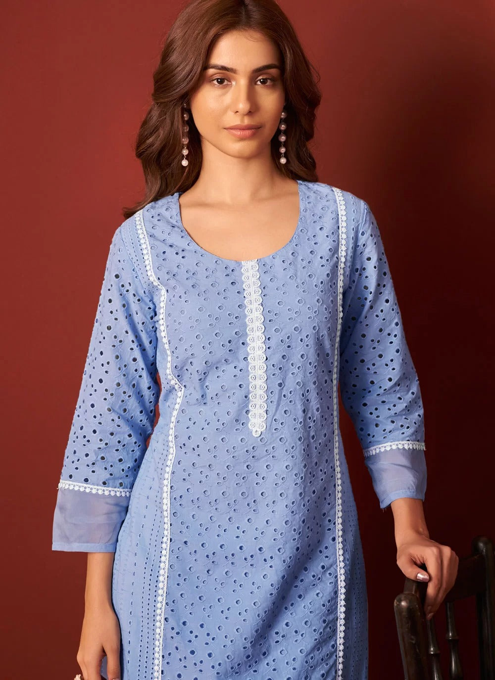 Elegant aqua blue schiffli cotton kurta set with dupatta