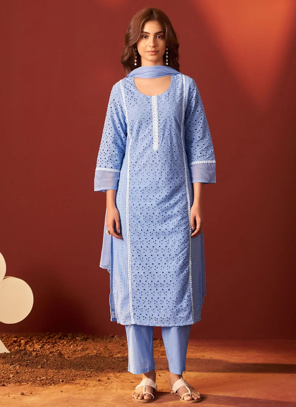 Elegant aqua blue schiffli cotton kurta set with dupatta