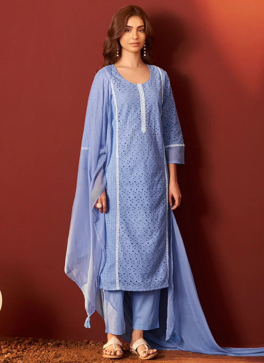 Elegant aqua blue schiffli cotton kurta set with dupatta