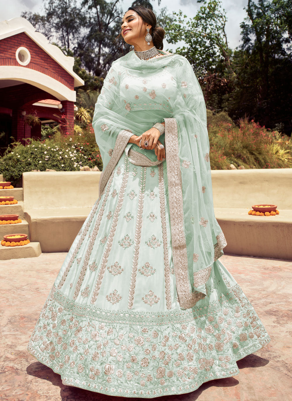 Light-Green Embroidered Crepe Semi Stitched Lehenga