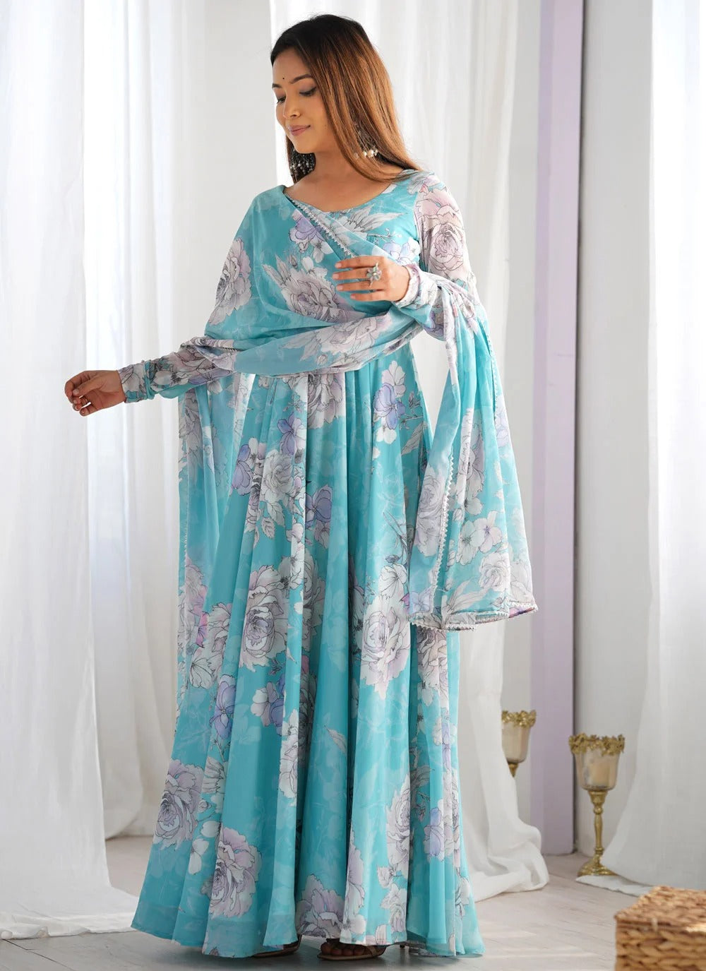 Aqua Blue Printed Georgette Anarkali Gown for Women