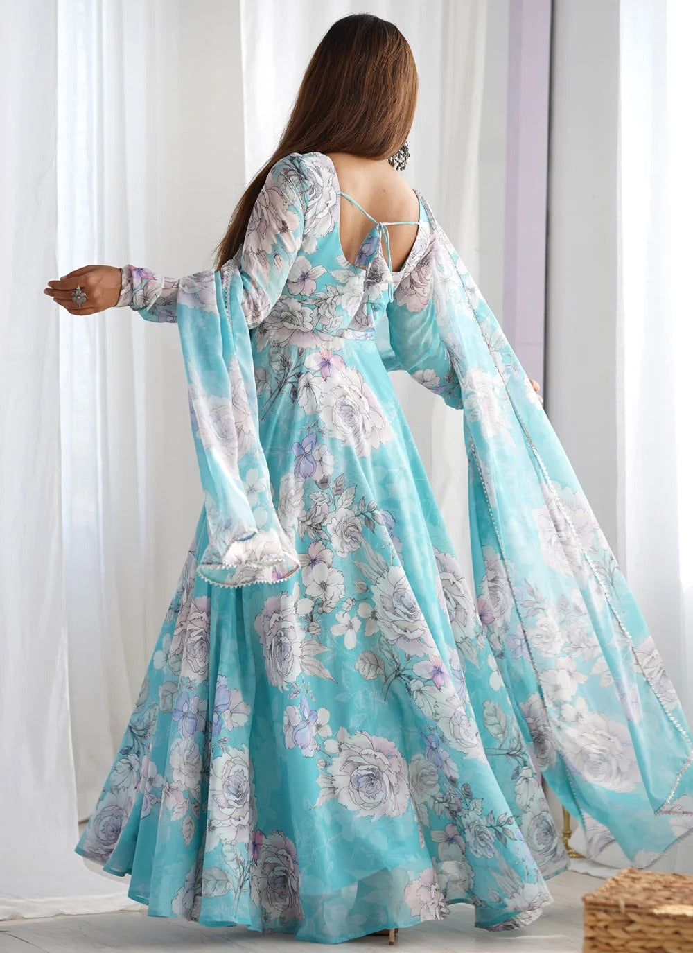 Aqua Blue Printed Georgette Anarkali Gown for Women