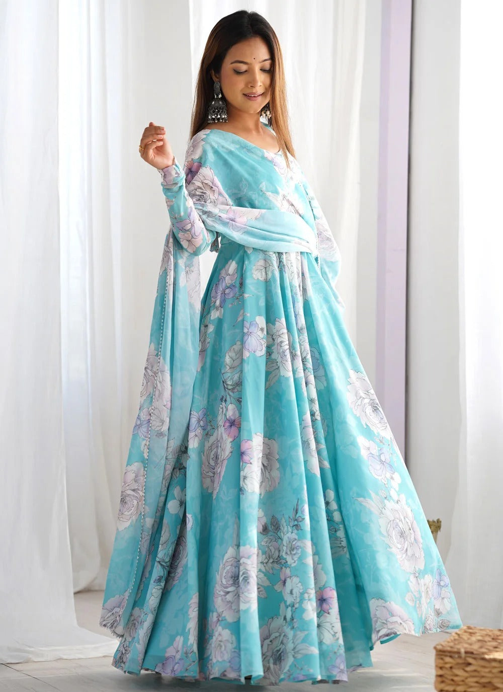 Aqua Blue Printed Georgette Anarkali Gown for Women